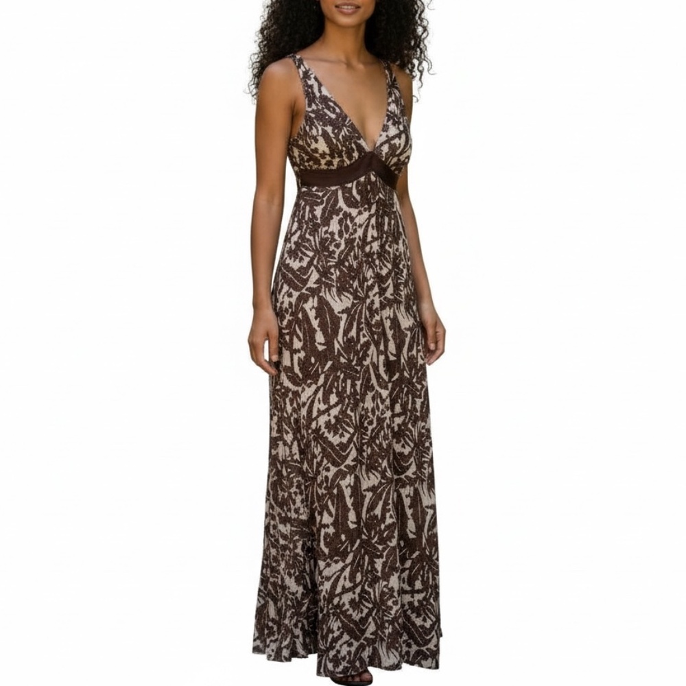BCBG MAX ARIA 100% Silk Dress Womans SZ 4 V-Neck Maxi Dress Empire Waist Boho